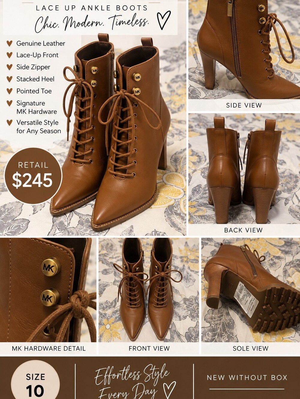 NWOB Michael Kors Tan Leather Lace-Up Ankle Boots